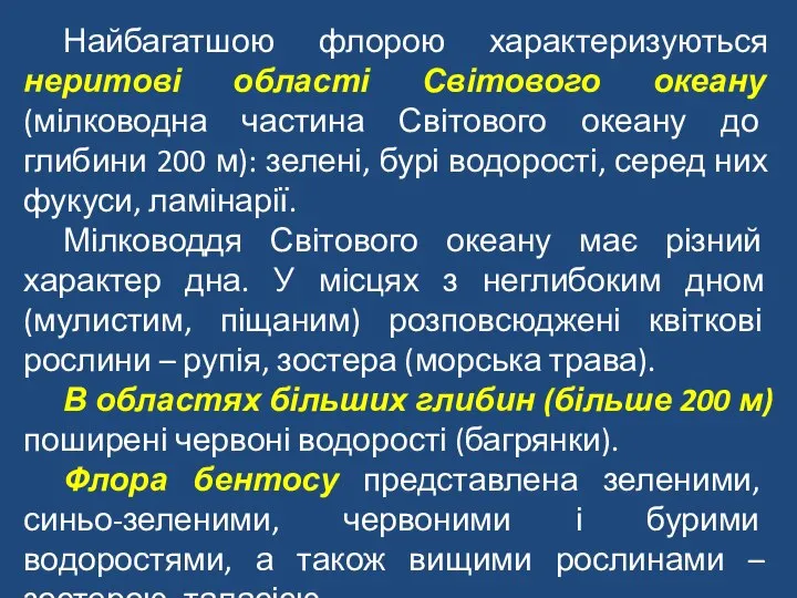 Найбагатшою флорою характеризуються неритові області Світового океану (мілководна частина Світового океану