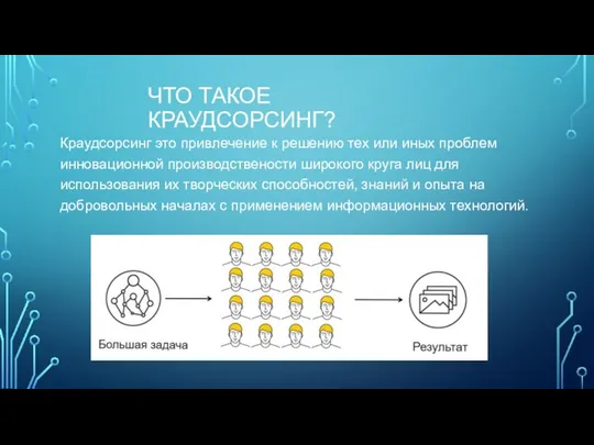 ЧТО ТАКОЕ КРАУДСОРСИНГ? Краудсорсинг это привлечение к решению тех или иных