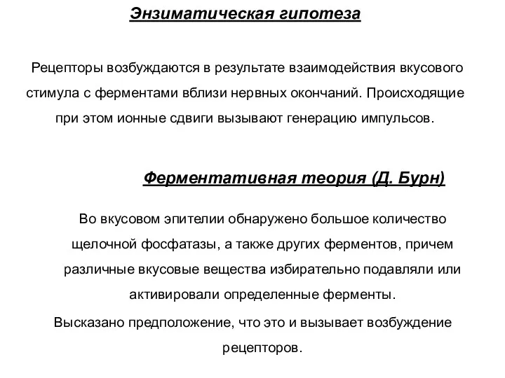 Энзиматическая гипотеза Рецепторы возбуждаются в результате взаимодействия вкусового стимула с ферментами