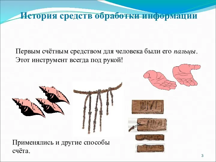 Первым счётным средством для человека были его пальцы. Этот инструмент всегда