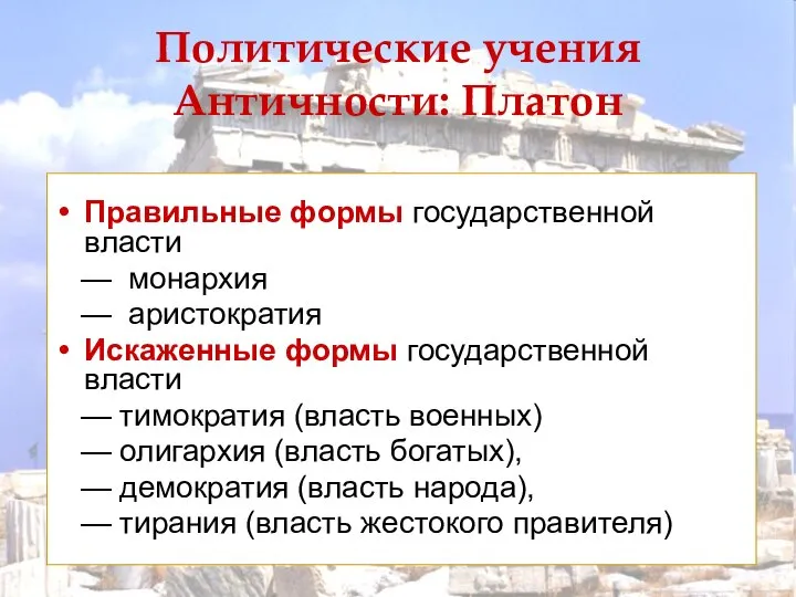 Правильные формы государственной власти — монархия — аристократия Искаженные формы государственной