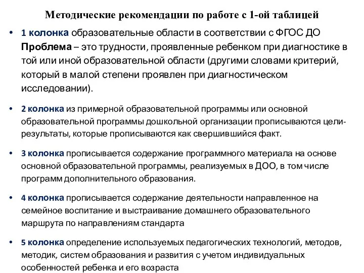 Методические рекомендации по работе с 1-ой таблицей 1 колонка образовательные области