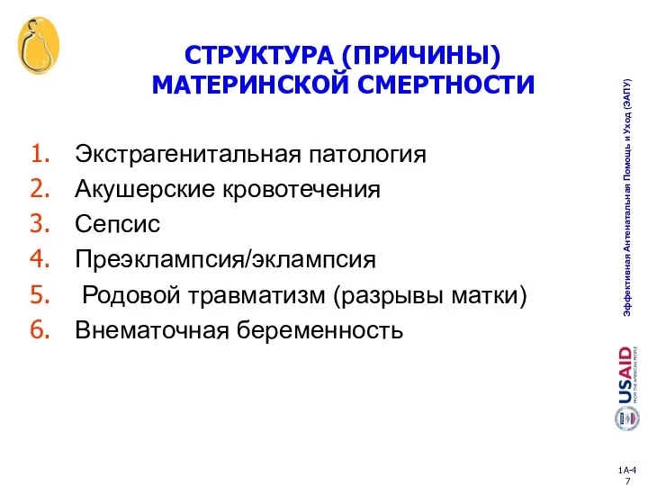 СТРУКТУРА (ПРИЧИНЫ) МАТЕРИНСКОЙ СМЕРТНОСТИ Экстрагенитальная патология Акушерские кровотечения Сепсис Преэклампсия/эклампсия Родовой травматизм (разрывы матки) Внематочная беременность