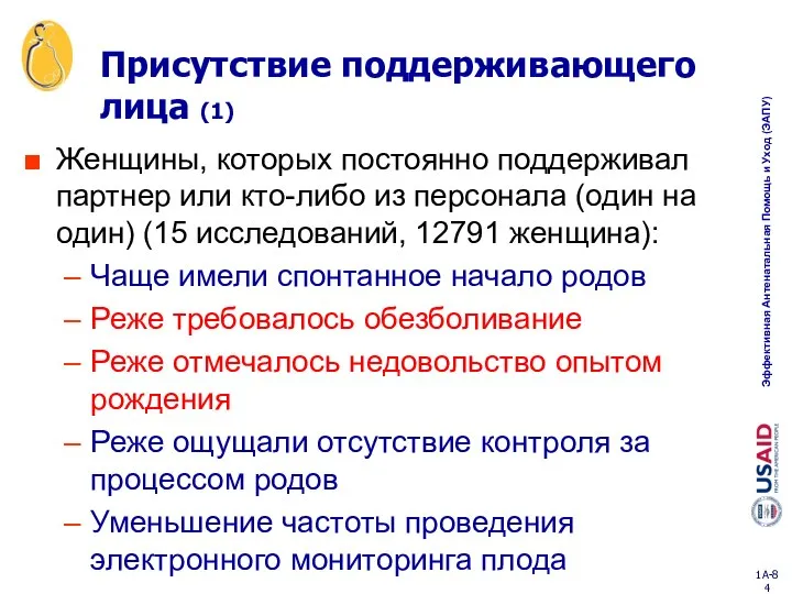 Присутствие поддерживающего лица (1) Женщины, которых постоянно поддерживал партнер или кто-либо