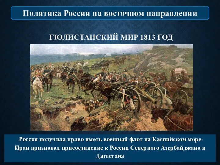 ГЮЛИСТАНСКИЙ МИР 1813 ГОД Россия получила право иметь военный флот на