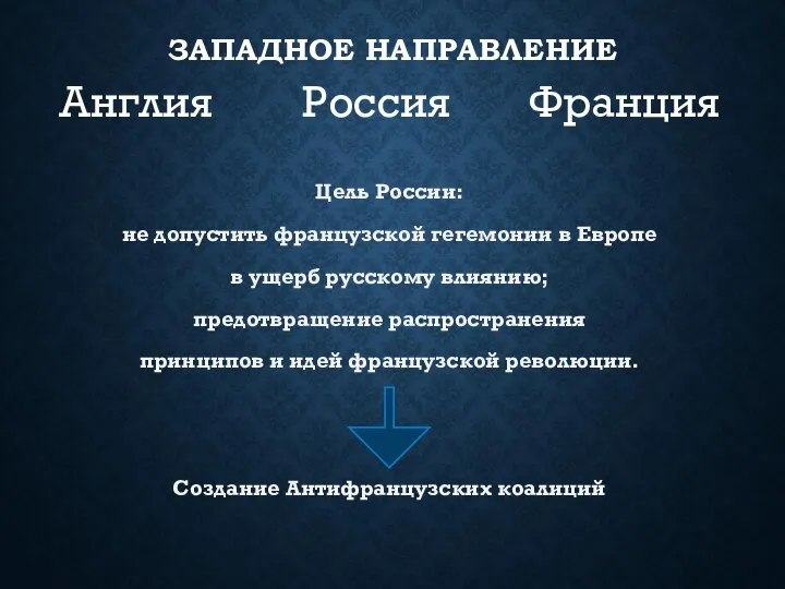 ЗАПАДНОЕ НАПРАВЛЕНИЕ Цель России: не допустить французской гегемонии в Европе в