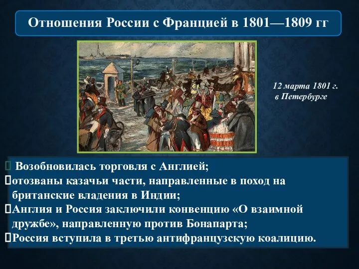 Возобновилась торговля с Англией; отозваны казачьи части, направленные в поход на