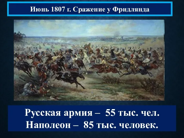 Июнь 1807 г. Сражение у Фридлянда Русская армия – 55 тыс.