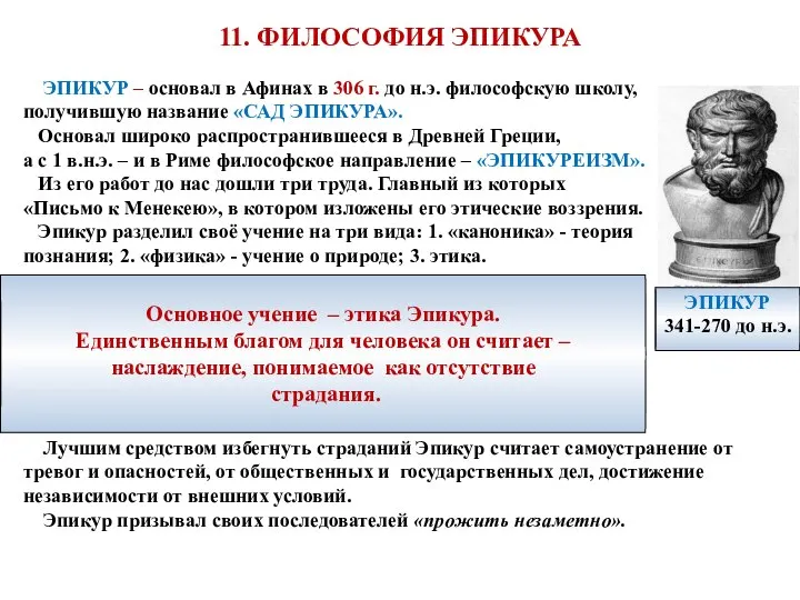 11. ФИЛОСОФИЯ ЭПИКУРА ЭПИКУР 341-270 до н.э. ЭПИКУР – основал в