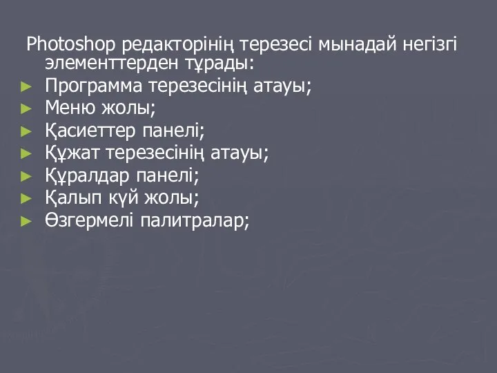 Photoshop редакторінің терезесі мынадай негізгі элементтерден тұрады: Программа терезесінің атауы; Меню