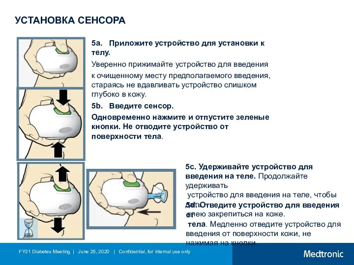 УСТАНОВКА СЕНСОРА 5a. Приложите устройство для установки к телу. Уверенно прижимайте