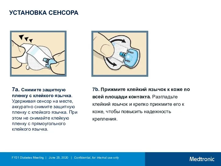 УСТАНОВКА СЕНСОРА 7a. Снимите защитную пленку с клейкого язычка. Удерживая сенсор