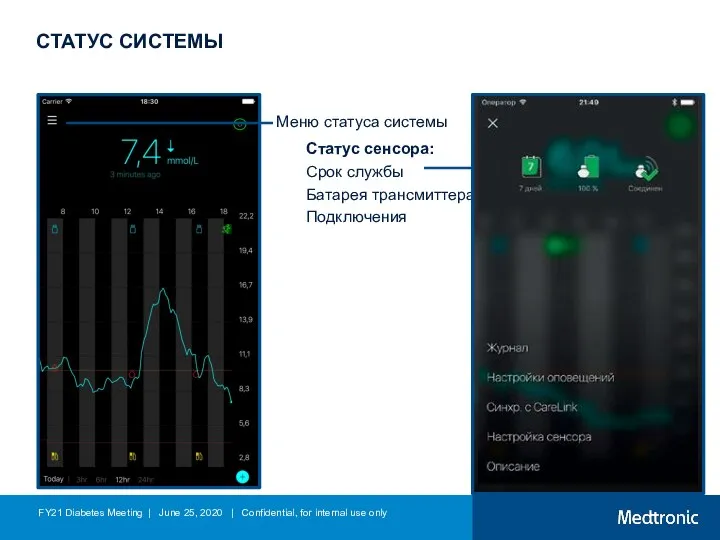 СТАТУС СИСТЕМЫ Меню статуса системы Статус сенсора: Срок службы Батарея трансмиттера