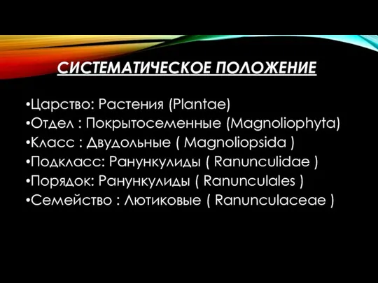 СИСТЕМАТИЧЕСКОЕ ПОЛОЖЕНИЕ Царство: Растения (Plantae) Отдел : Покрытосеменные (Magnoliophyta) Класс :