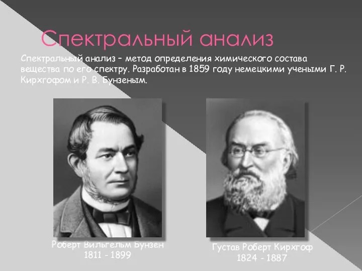 Спектральный анализ Густав Роберт Кирхгоф 1824 - 1887 Роберт Вильгельм Бунзен