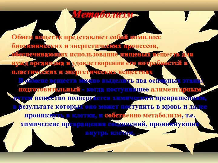 Обмен веществ представляет собой комплекс биохимических и энергетических процессов, обеспечивающих использование