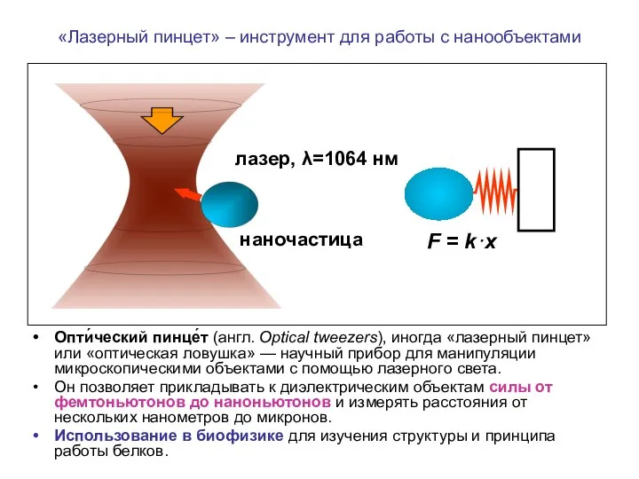 «Лазерный пинцет» – инструмент для работы с нанообъектами Опти́ческий пинце́т (англ.
