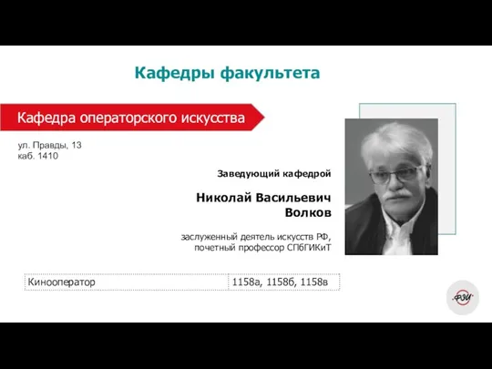 Кафедры факультета Заведующий кафедрой Николай Васильевич Волков заслуженный деятель искусств РФ,