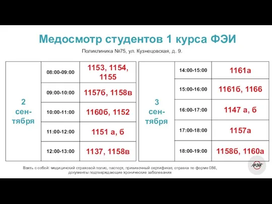 Медосмотр студентов 1 курса ФЭИ Поликлиника №75, ул. Кузнецовская, д. 9.