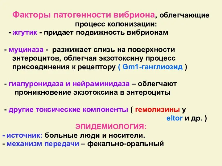 Факторы патогенности вибриона, облегчающие процесс колонизации: - жгутик - придает подвижность