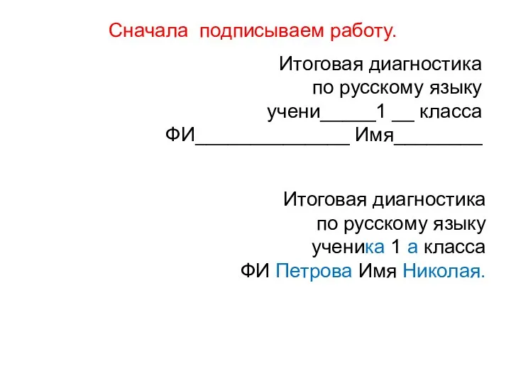 Итоговая диагностика по русскому языку учени_____1 __ класса ФИ______________ Имя________ Сначала