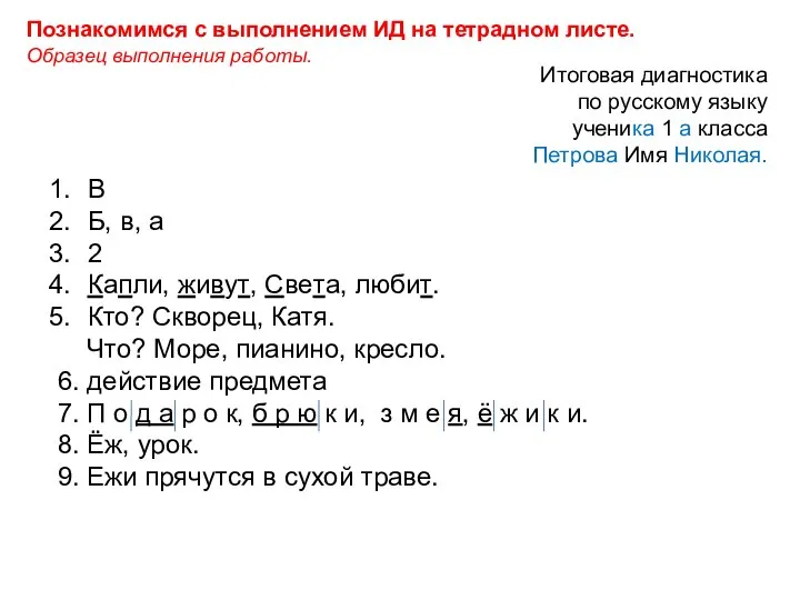 Познакомимся с выполнением ИД на тетрадном листе. Образец выполнения работы. Итоговая