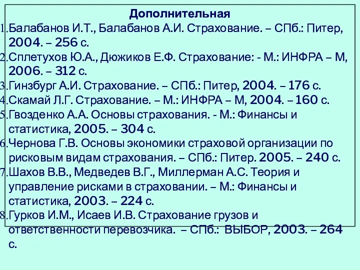 Дополнительная Балабанов И.Т., Балабанов А.И. Страхование. – СПб.: Питер, 2004. –