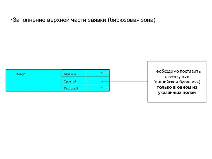 Заполнение верхней части заявки (бирюзовая зона) Необходимо поставить отметку «v» (английская