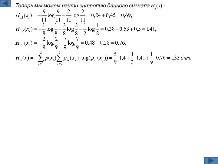 Теперь мы можем найти энтропию данного сигнала Hx(x) :