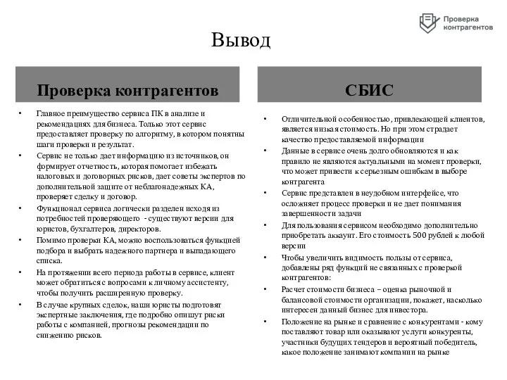 Вывод Проверка контрагентов Главное преимущество сервиса ПК в анализе и рекомендациях