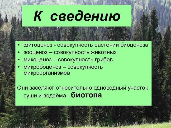 К сведению фитоценоз - совокупность растений биоценоза зооценоз – совокупность животных