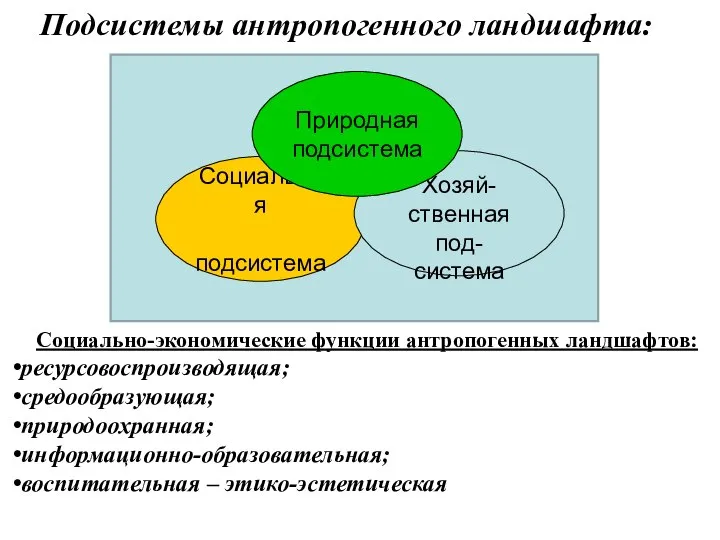 Подсистемы антропогенного ландшафта: Социально-экономические функции антропогенных ландшафтов: ресурсовоспроизводящая; средообразующая; природоохранная; информационно-образовательная; воспитательная – этико-эстетическая