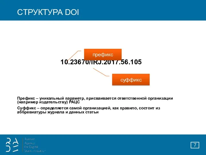 СТРУКТУРА DOI 10.23670/IRJ.2017.56.105 Префикс – уникальный параметр, присваивается ответственной организации (например