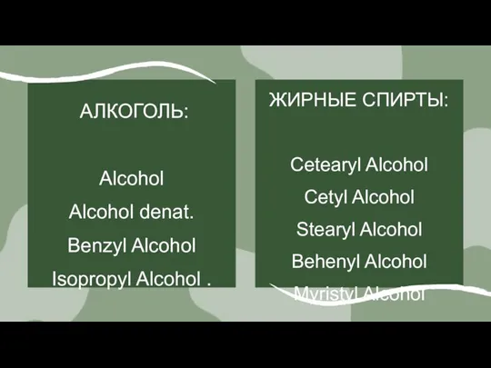 АЛКОГОЛЬ: Alcohol Alcohol denat. Benzyl Alcohol Isopropyl Alcohol . ЖИРНЫЕ СПИРТЫ: