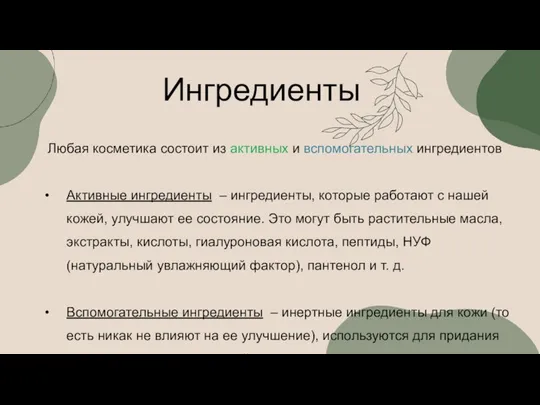 Любая косметика состоит из активных и вспомогательных ингредиентов Активные ингредиенты –