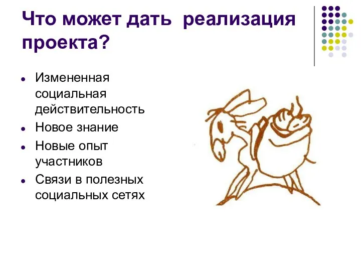 Что может дать реализация проекта? Измененная социальная действительность Новое знание Новые