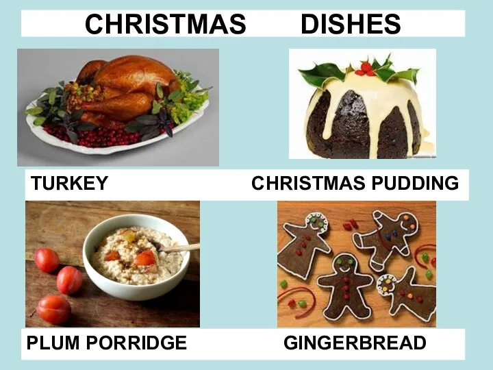 CHRISTMAS DISHES TURKEY CHRISTMAS PUDDING PLUM PORRIDGE GINGERBREAD