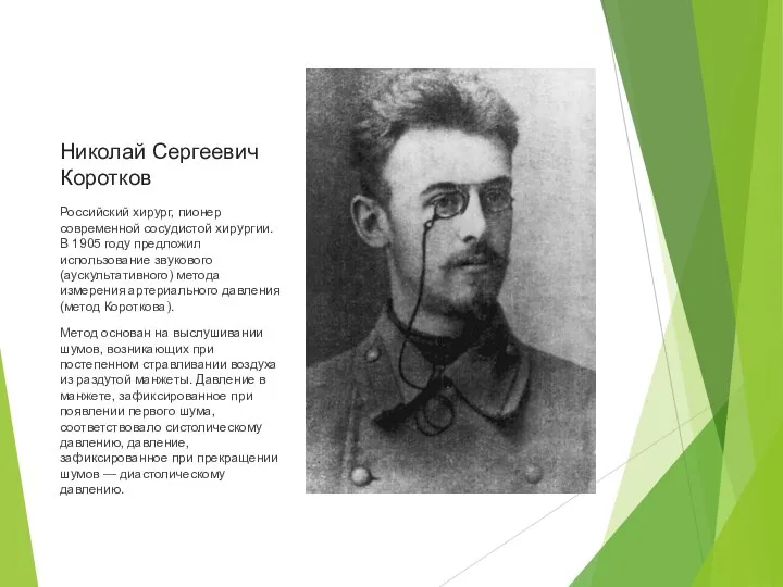 Николай Сергеевич Коротков Российский хирург, пионер современной сосудистой хирургии. В 1905