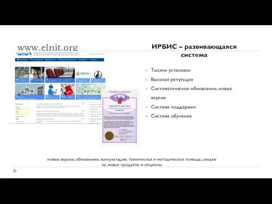 www.elnit.org ИРБИС – развивающаяся система Тысячи установок Высокая репутация Систематическое обновление,