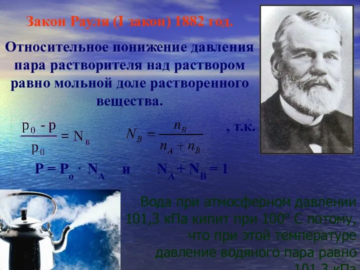 Закон Рауля (I закон) 1882 год. Относительное понижение давления пара растворителя