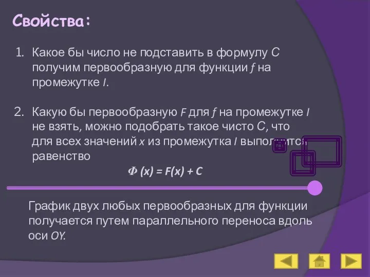 Свойства: Какое бы число не подставить в формулу С получим первообразную