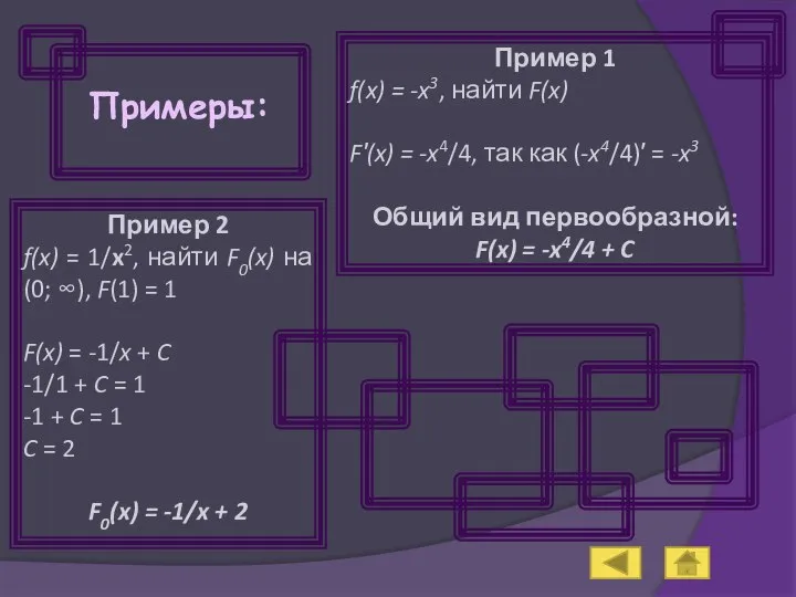 Примеры: Пример 1 f(x) = -x3, найти F(x) F′(x) = -x4/4,