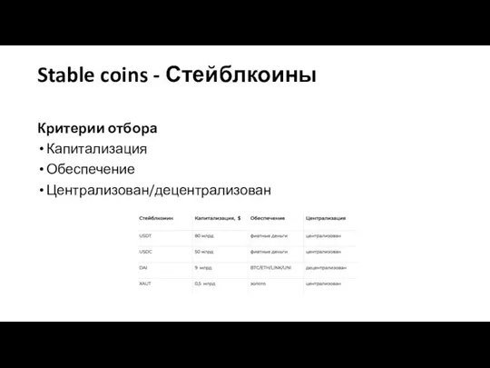 Stable coins - Стейблкоины Критерии отбора Капитализация Обеспечение Централизован/децентрализован