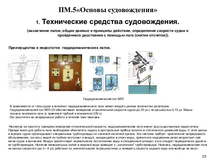 … . ПМ.5«Основы судовождения» 1. Технические средства судовождения. (назначение лагов, общие