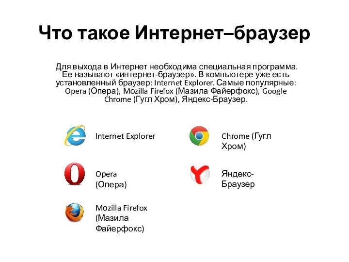 Что такое Интернет–браузер Для выхода в Интернет необходима специальная программа. Ее