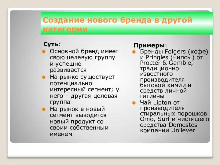 Создание нового бренда в другой категории Суть: Основной бренд имеет свою