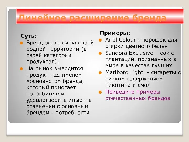 Линейное расширение бренда Суть: Бренд остается на своей родной территории (в