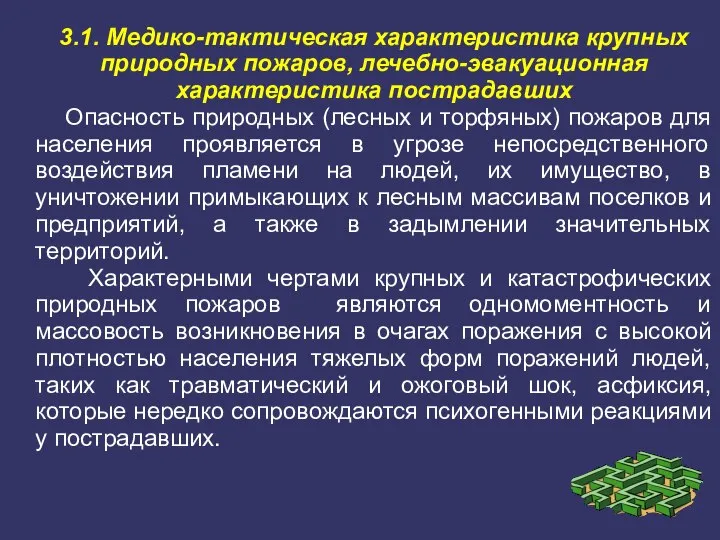 3.1. Медико-тактическая характеристика крупных природных пожаров, лечебно-эвакуационная характеристика пострадавших Опасность природных