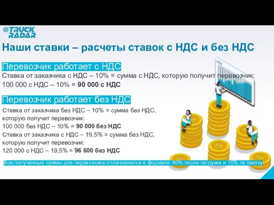 Перевозчик работает с НДС Ставка от заказчика с НДС – 10%