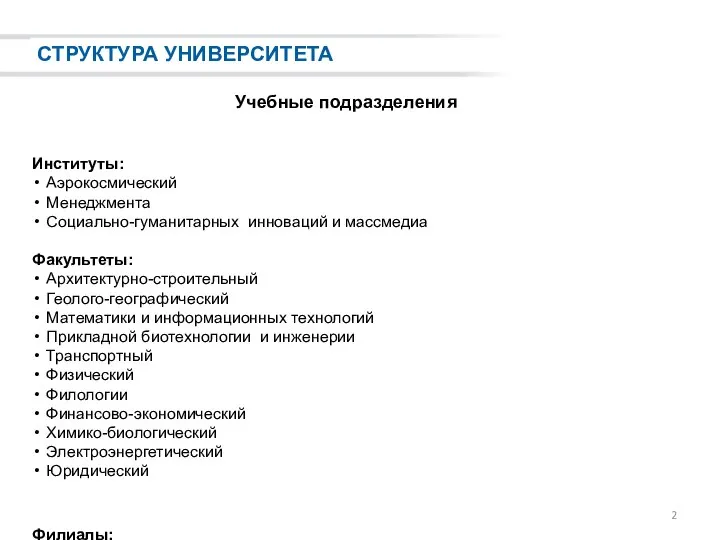 СТРУКТУРА УНИВЕРСИТЕТА Учебные подразделения Институты: Аэрокосмический Менеджмента Социально-гуманитарных инноваций и массмедиа